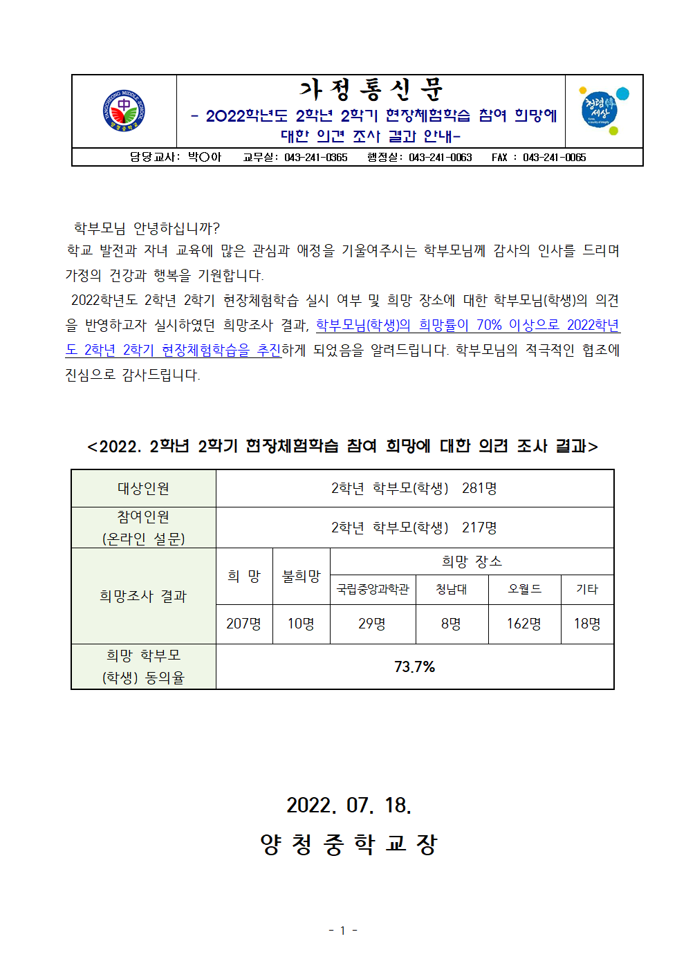 가정통신문(2022. 2학년 2학기 현장체험학습 참여 희망조사 결과 안내)001