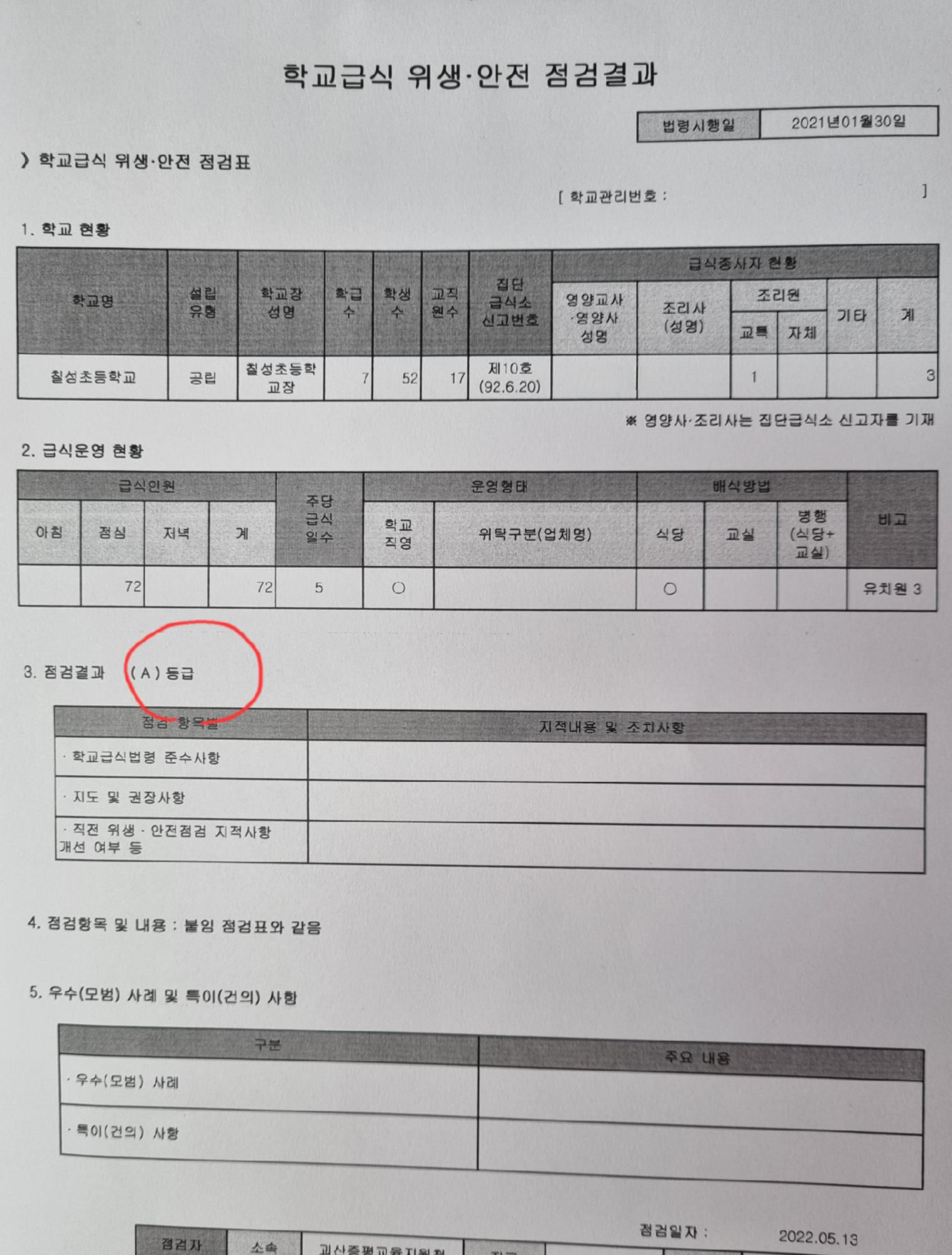 학교급식 교육청 위생점검 결과입니다.