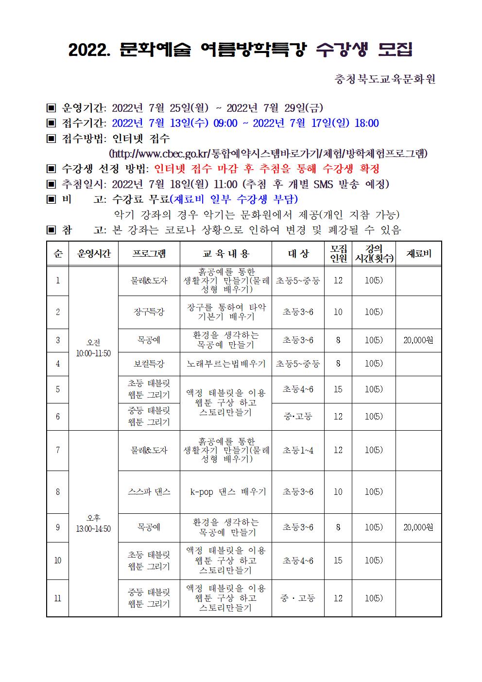 2022. 문화 예술 방학 특강 수강생 모집 안내문001