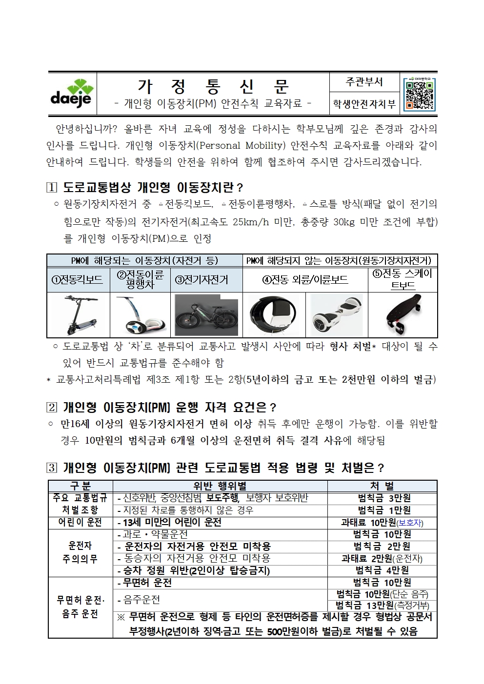 (가정통신문) 학부모 대상 개인형 이동장치 안전수칙 교육자료001