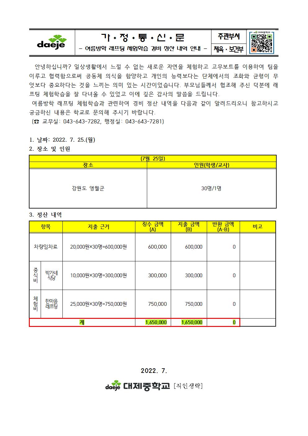 [가정통신문] 2022학년도 여름방학 래프팅 체험학습 경비 정산 내역 안내