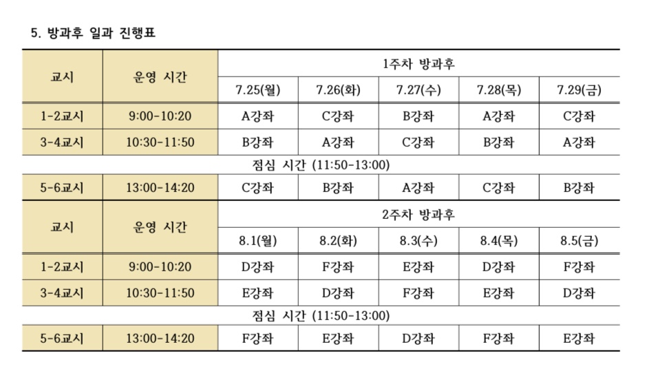 여름방학 방과후 일과 진행 시간표