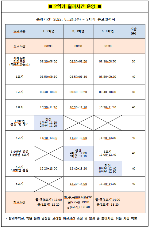 2학기 일과시간 운영표