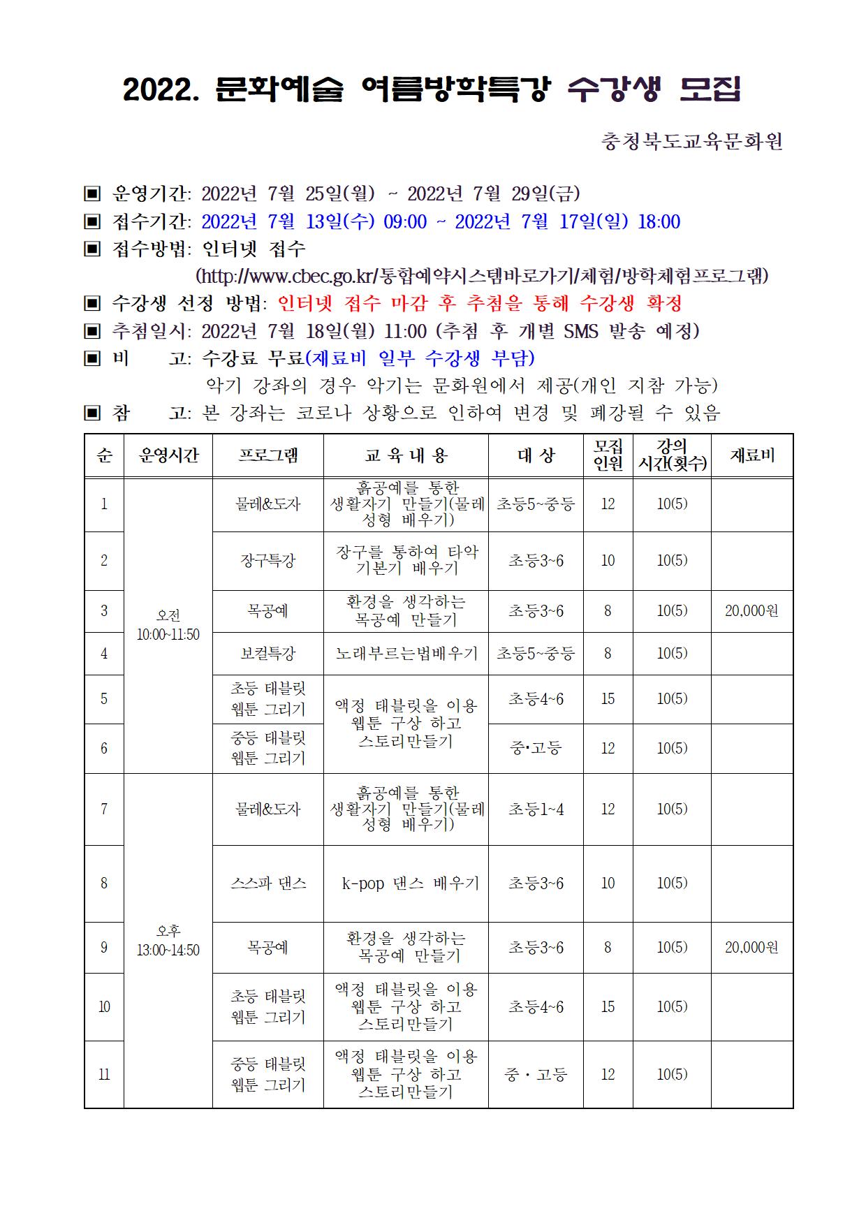 2022. 문화 예술 방학 특강 수강생 모집 안내문001