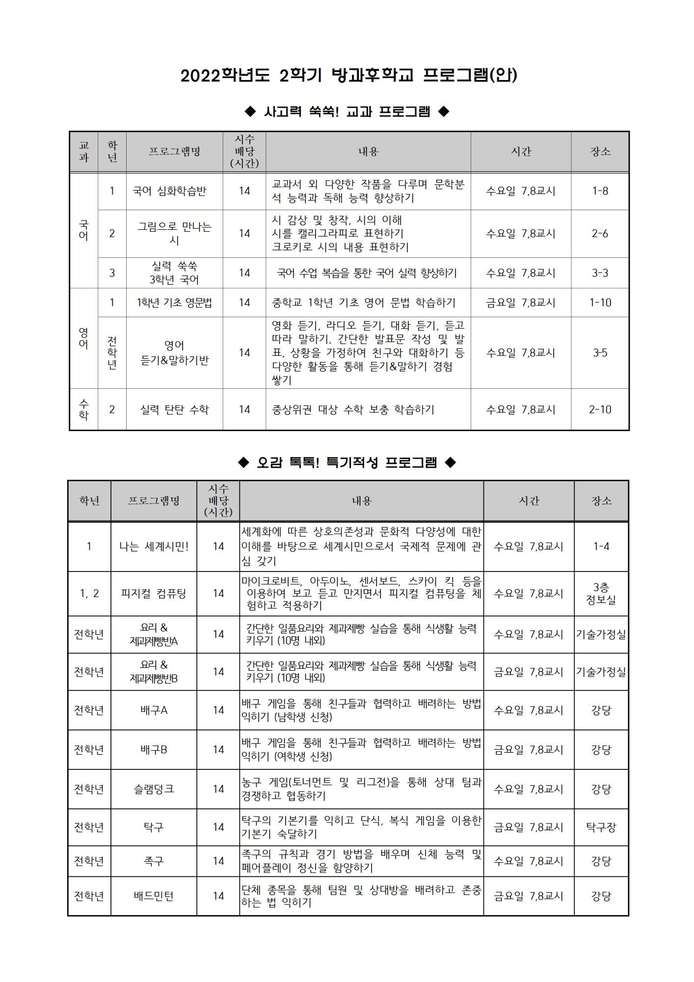 2022. 2학기 방과후학교 프로그램 예비조사 및 참여 신청 안내 가정통신문002