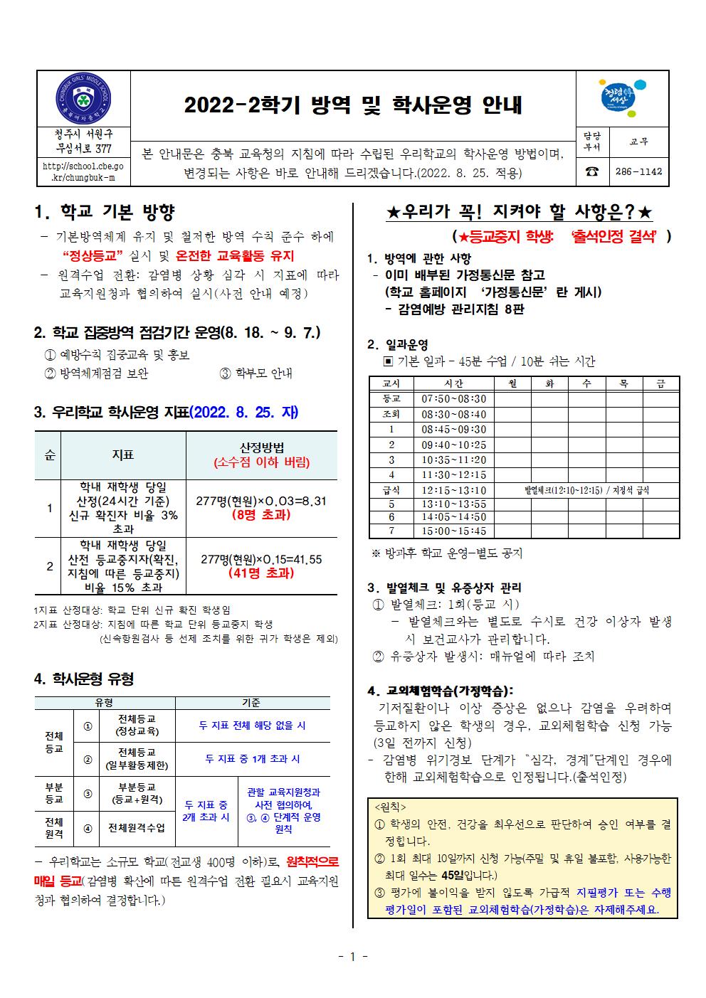 2022-2학기 방역 및 학사운영 안내_충북여중(학생, 학부모)001