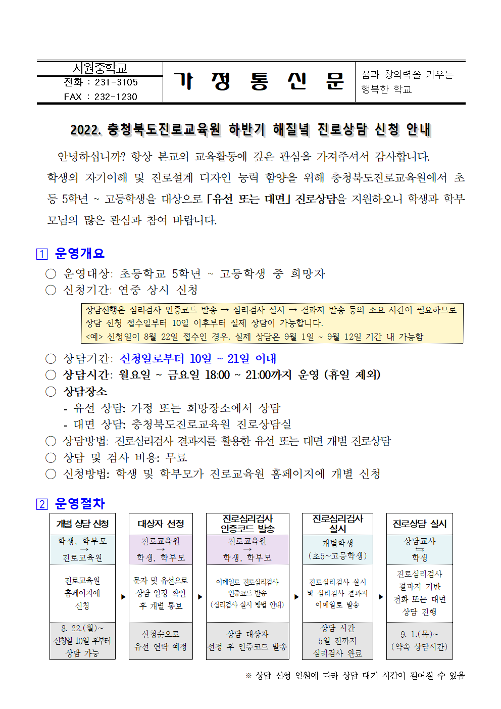 2022. 하반기 해질녁 진로상담 신청 안내 가정통신문001