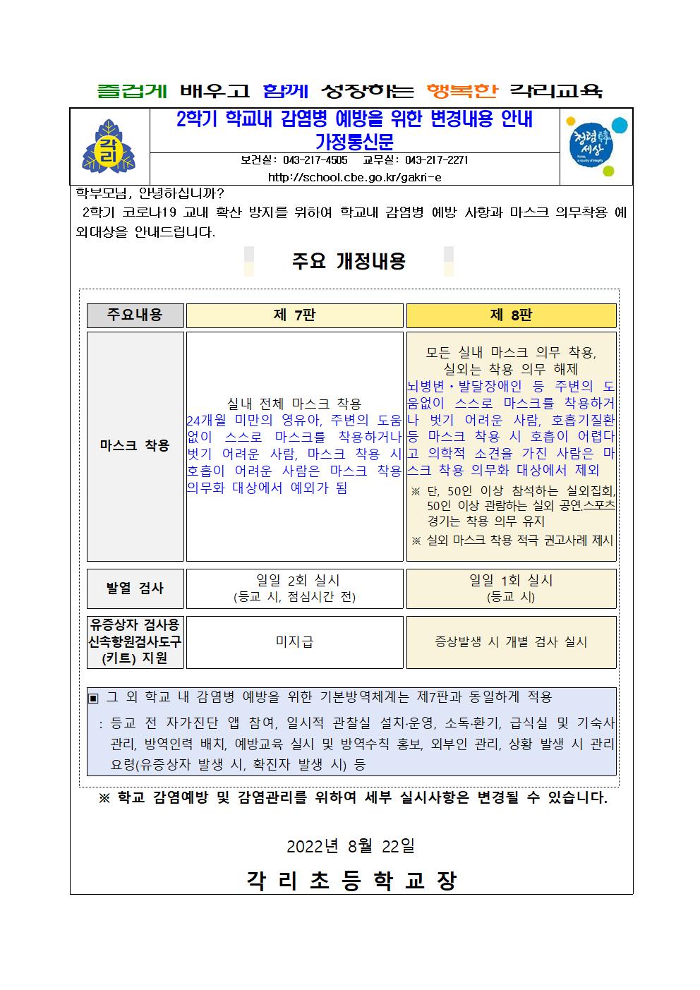 2학기 학교내 감염병 예방을 위한 변경내용 안내 가정통신문001