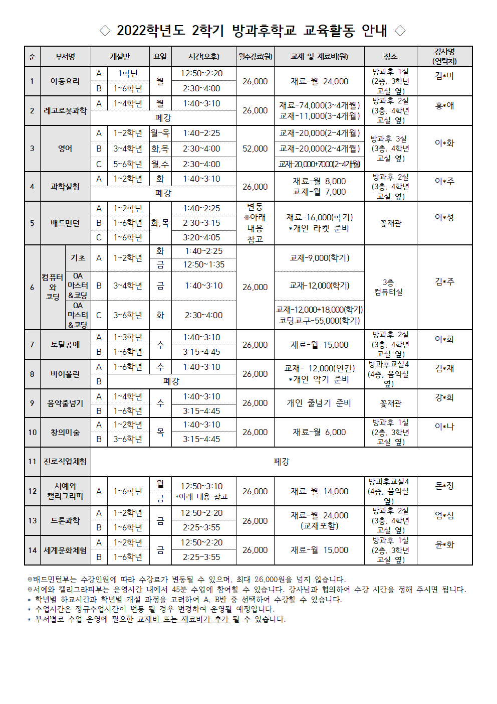 2022학년도 2학기 방과후학교 교육활동 안내(홈페이지)001