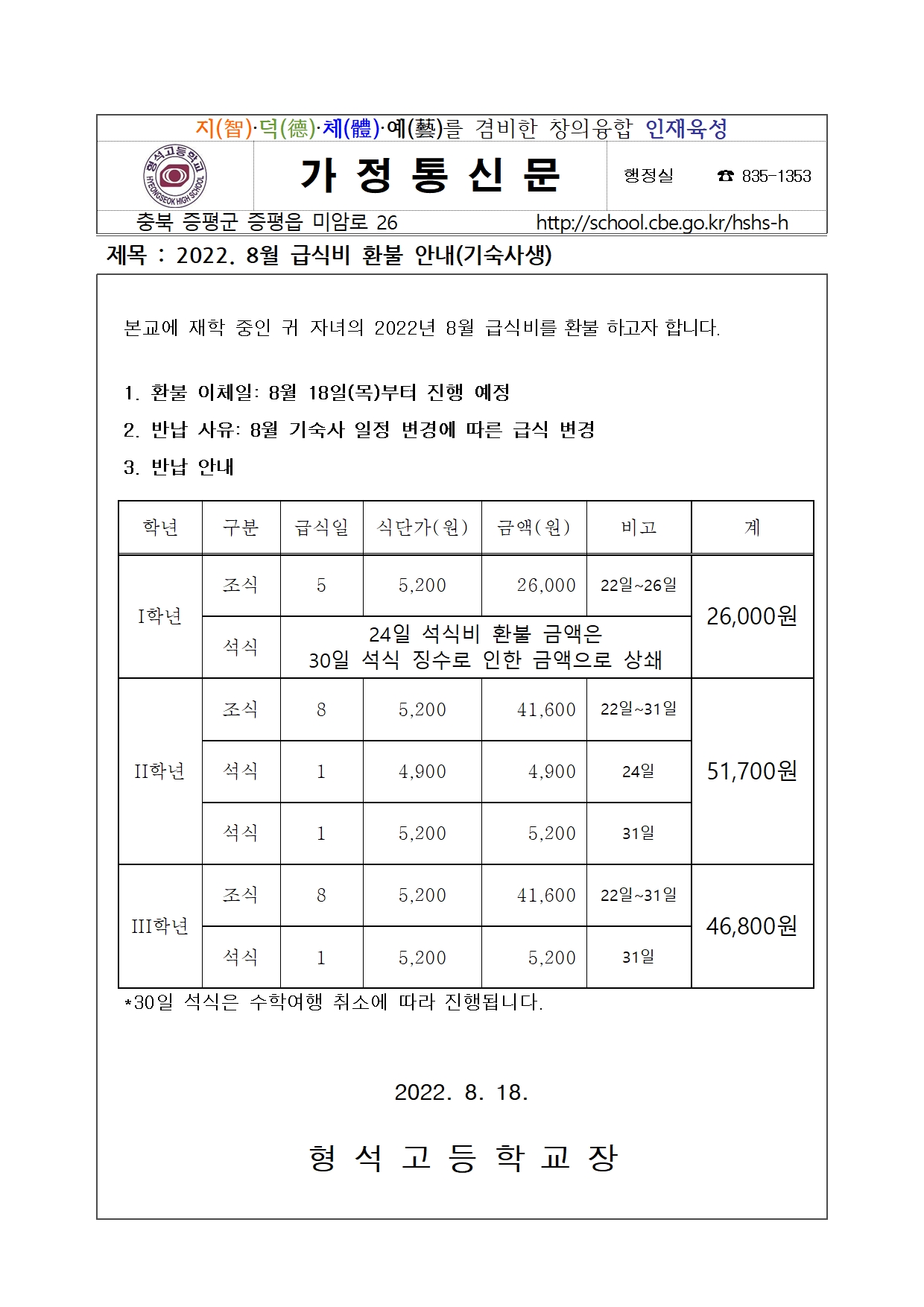 2022. 8월 급식비 환불 안내(기숙사생)001