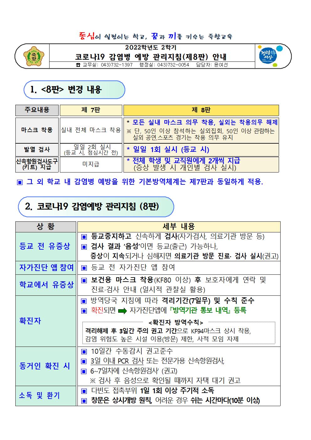 2022년도 2학기 코로나19 감염병 관리지침(제8판) 안내001