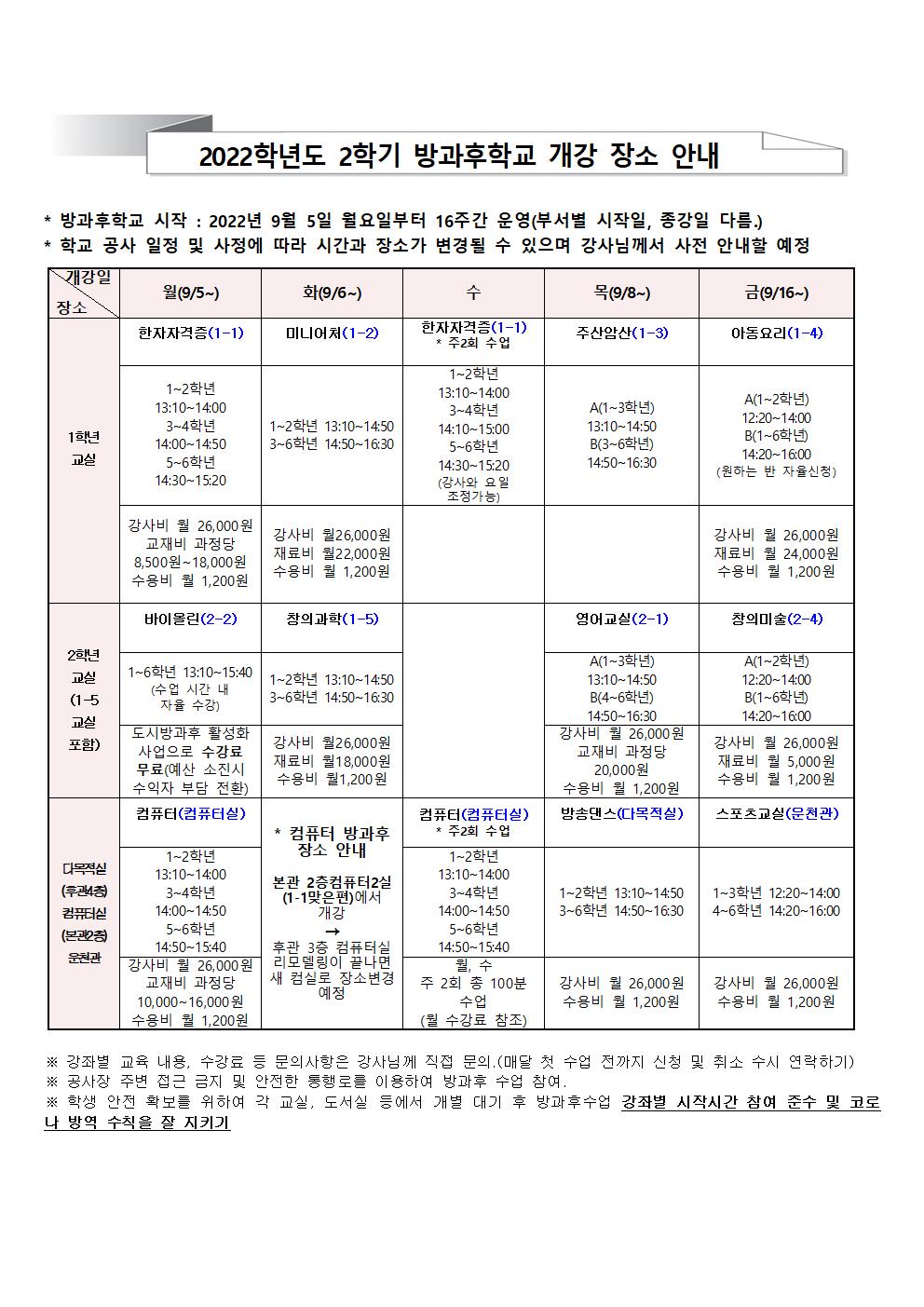 2학기 방과후학교 개강 장소 안내001