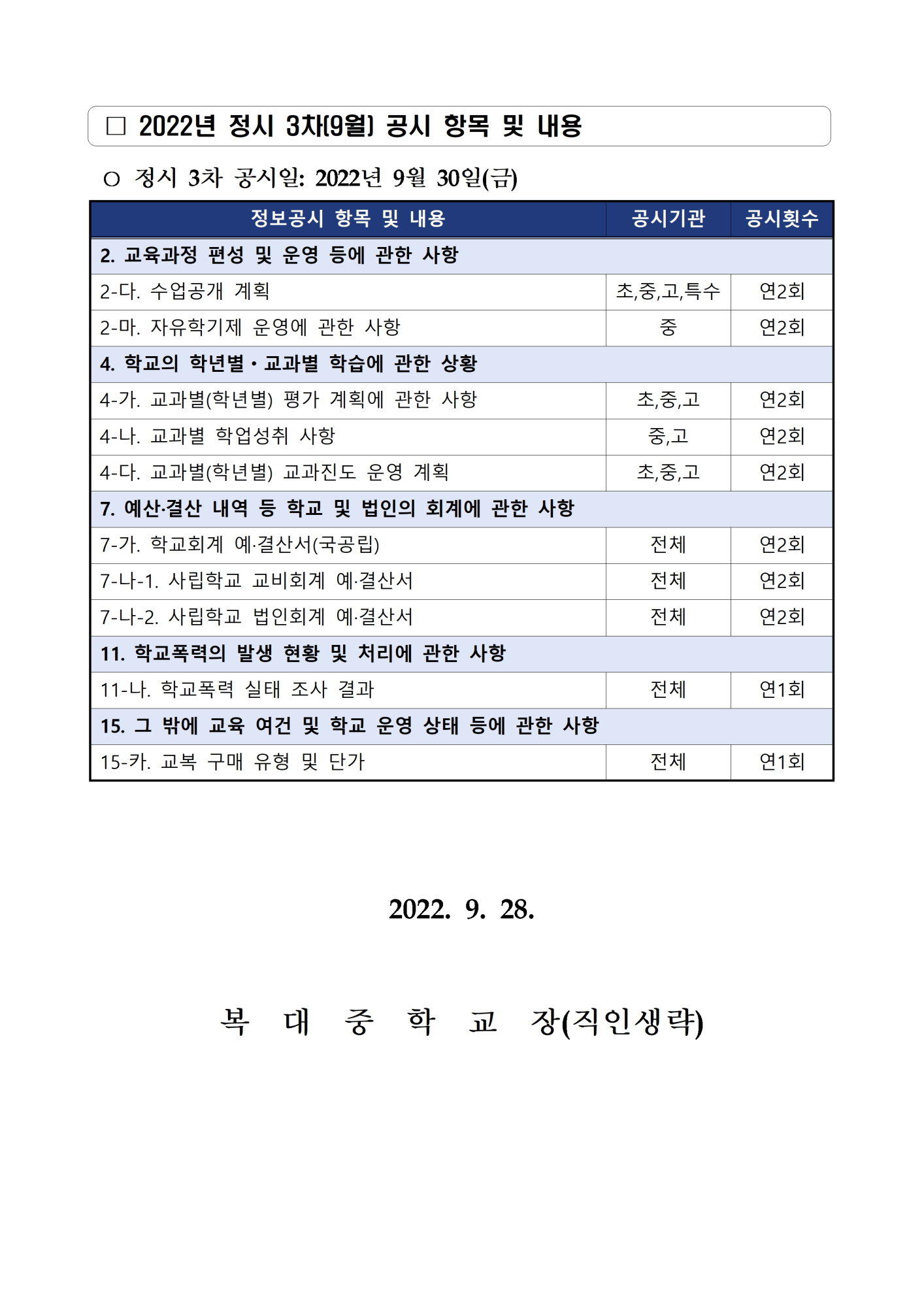 2022년 정시 3차(9월) 초ㆍ중등학교 정보공시 안내 가정통신문002