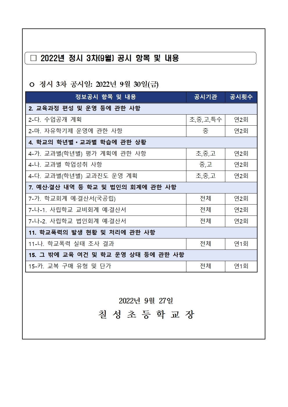 2022년 정시 3차(9월) 초중등학교 정보공시 안내 가정통신문002