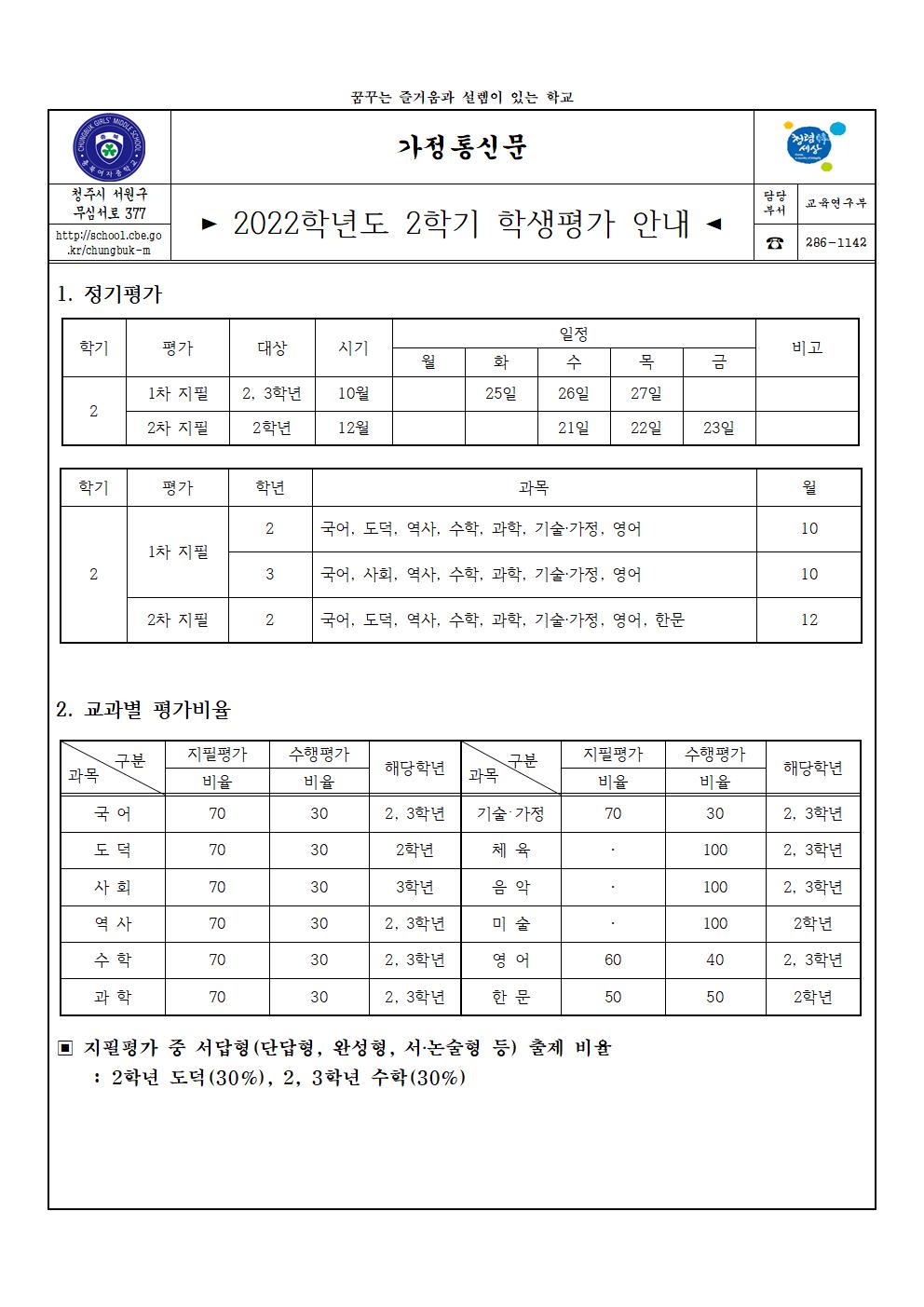 2022학년도 2학기 학생평가 안내(가정통신문)001