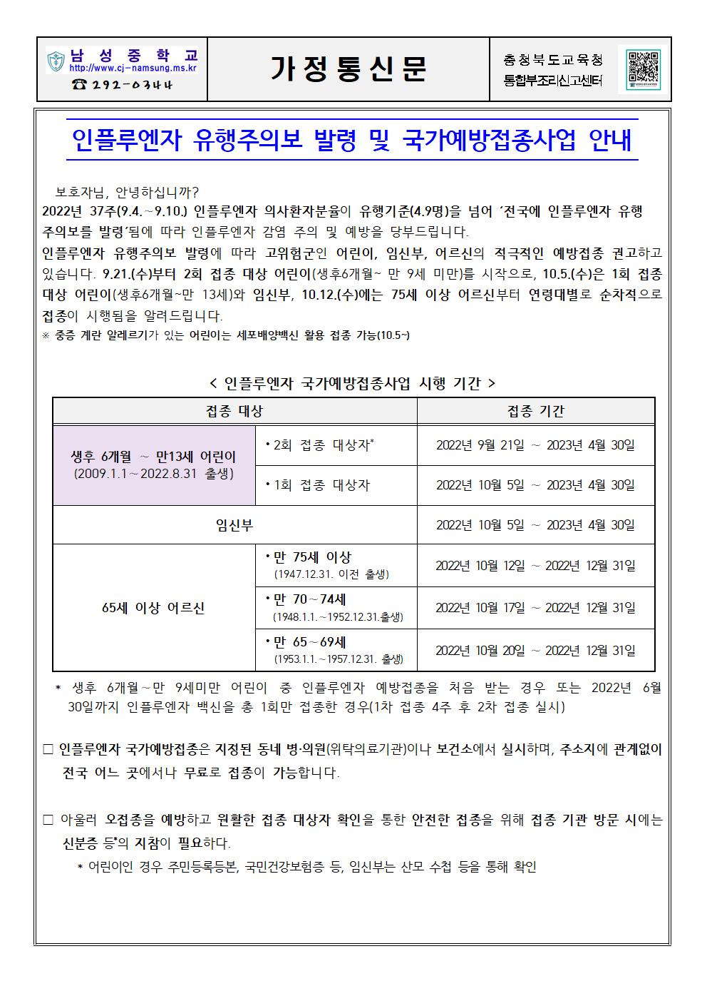 인플루엔자 유행주의보 발령 및 국가예방접종사업 안내001