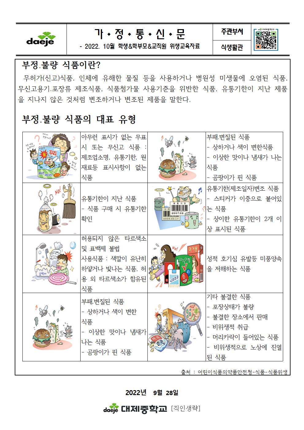 [가정통신문]10월 학생&학부모&교직원 위생교육자료(부정불량식품)001