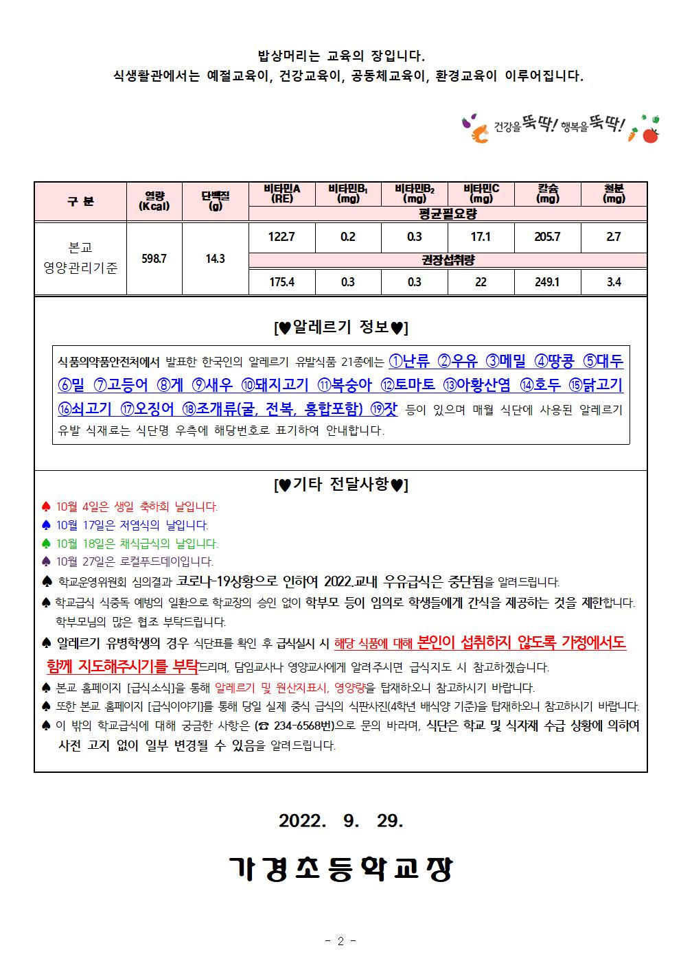 10월 식단표 및 식생활정보 안내 가정통신문002