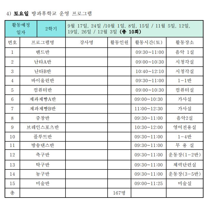 토요방과후일정및장소