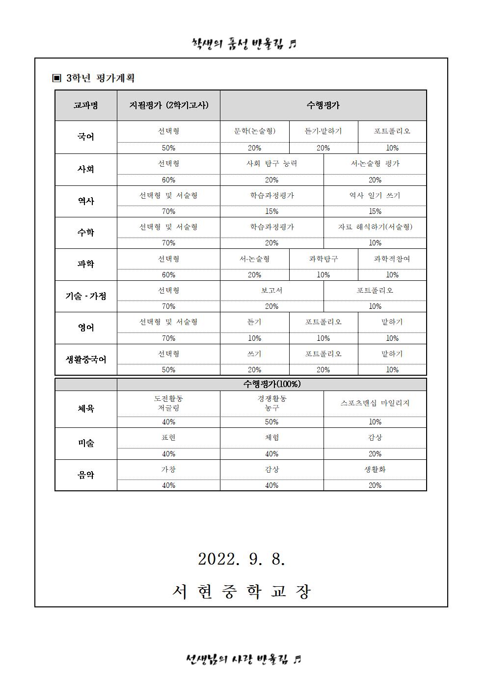 2022학년도 2학기 평가계획 안내 가정통신문002