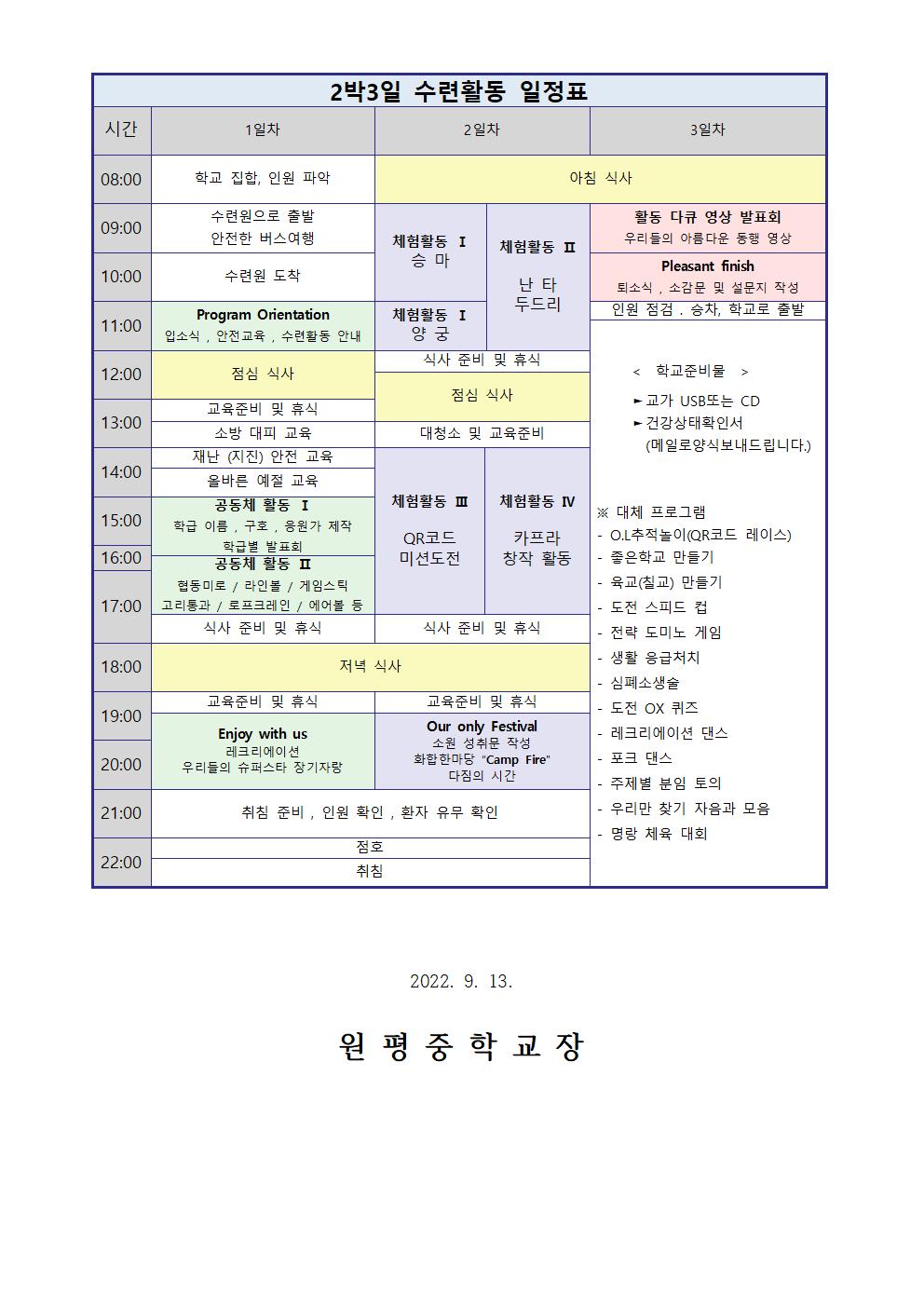 2022. 1학년 수련활동 안내(가정통신문)002