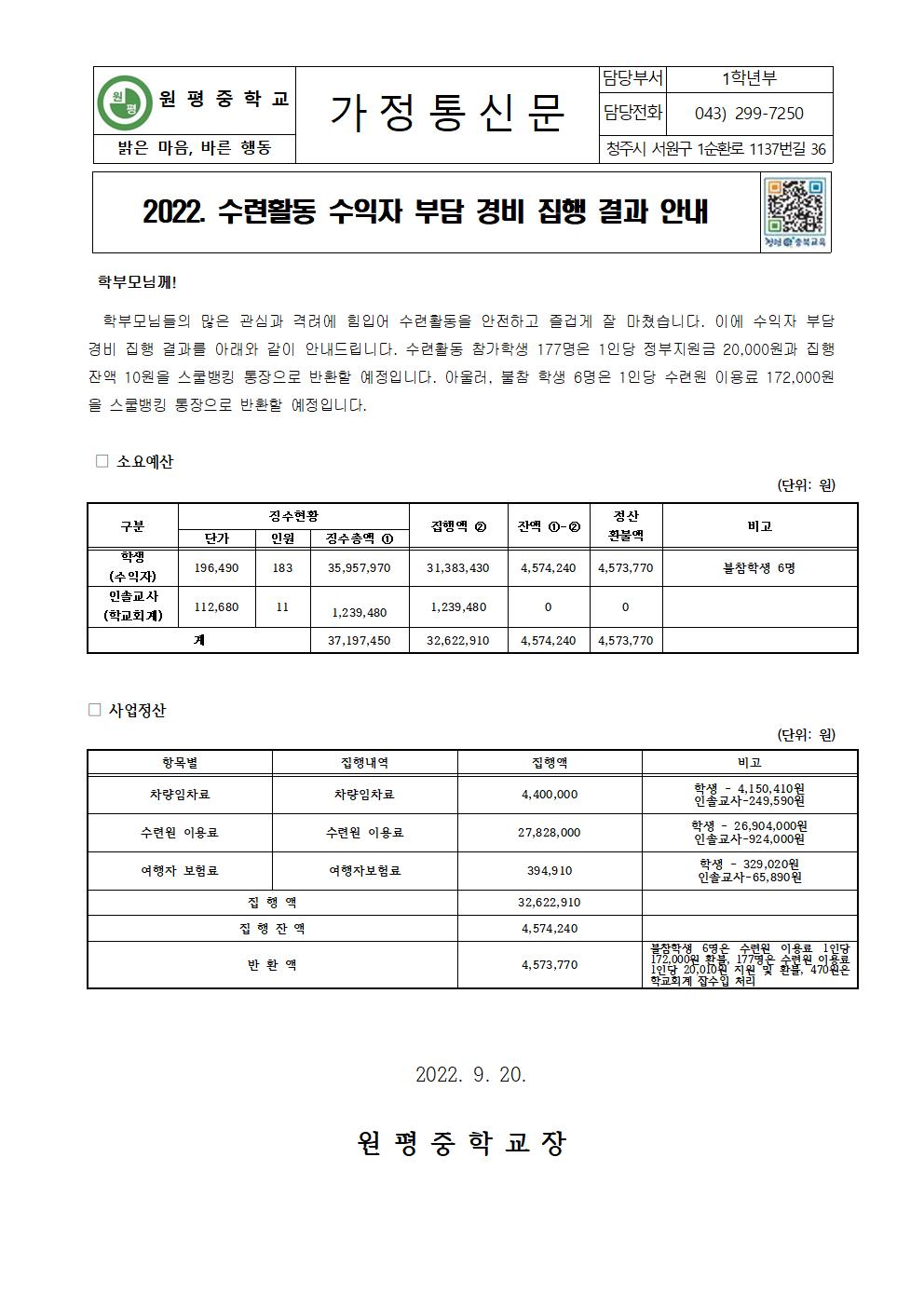 2022. 1학년 수련활동 수익자부담 경비 집행결과 안내(가정통신문)001