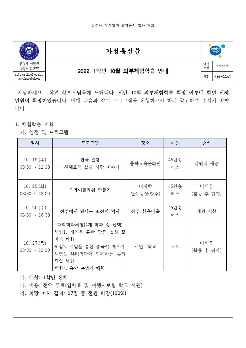 2022. 1학년 10월 외부체험학습 안내(가정통신문)001