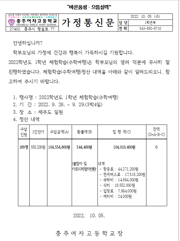 2022. 1학년 현장체험학습(수학여행) 가정통신문