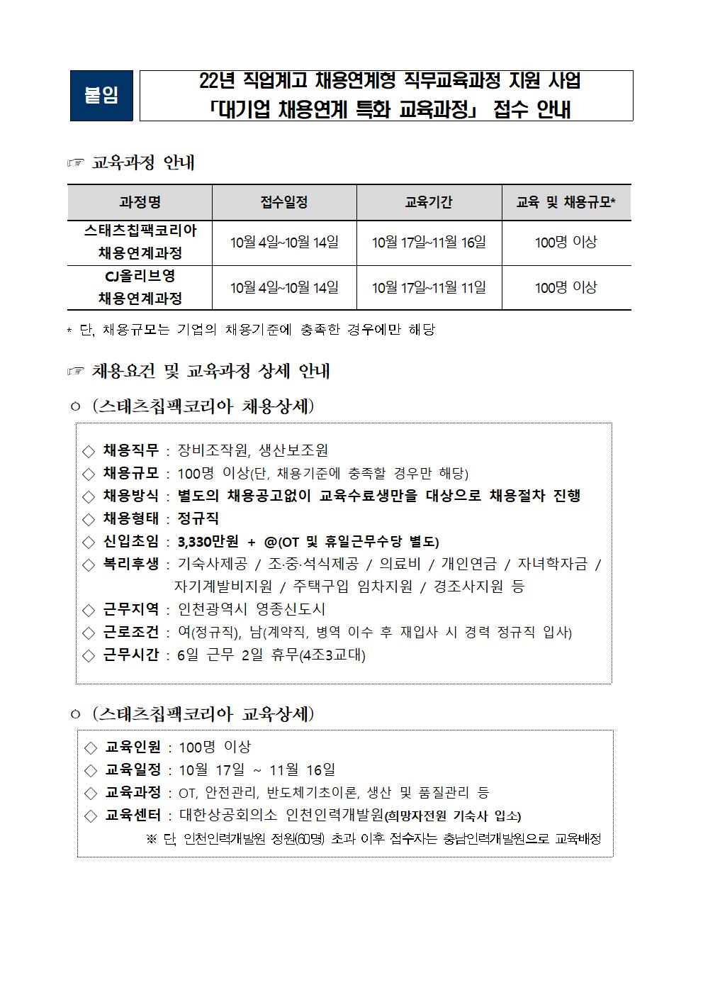 [청주하이텍고등학교-11557 (첨부) 충청북도교육청 미래인재과] 22년 직업계고 채용연계형 직무교육과정 지원사업「대기업 채용연계 특화 교육과정」접수 안내001