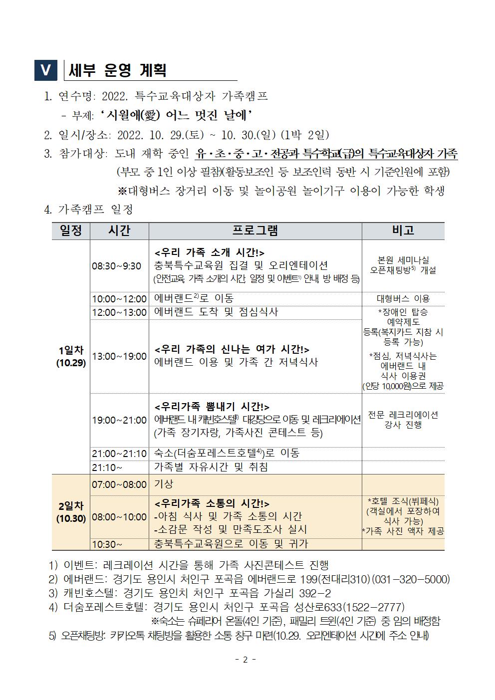 [청주성신학교-10277 (첨부) 충청북도특수교육원 특수교육과] 2022. 특수교육대상자 가족캠프 운영계획(학교발송용)002