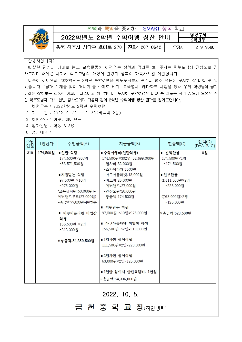 2022. 수학여행 정산 안내 가정통신문001