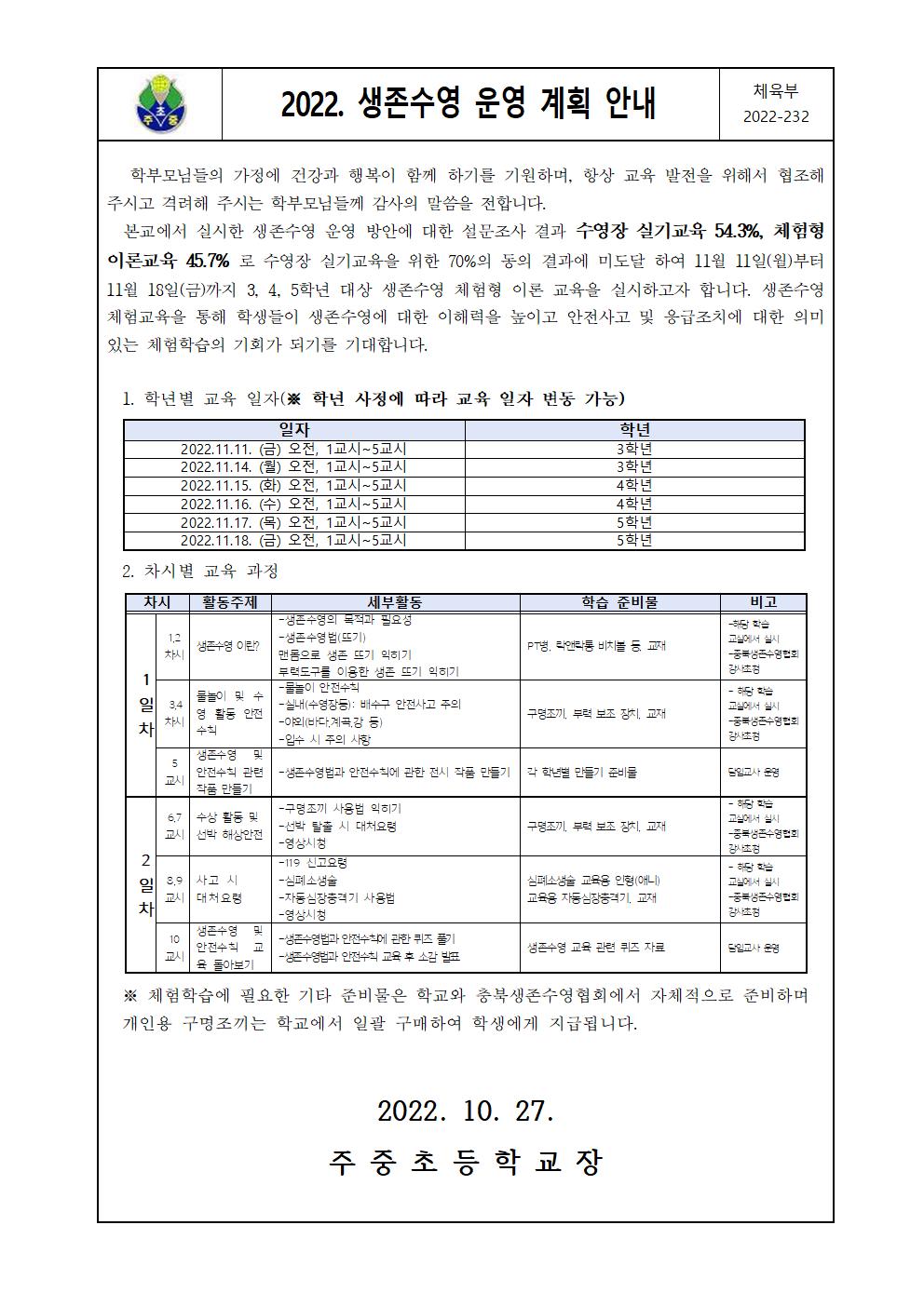 생존수영 운영 안내 가정통신문001