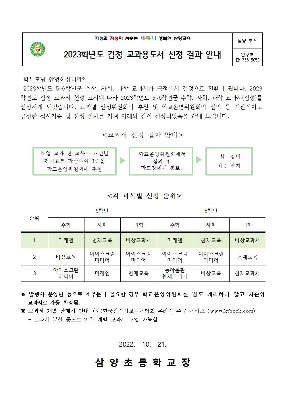 2023학년도 검정 교과서 선정 결과 안내 가정통신문001