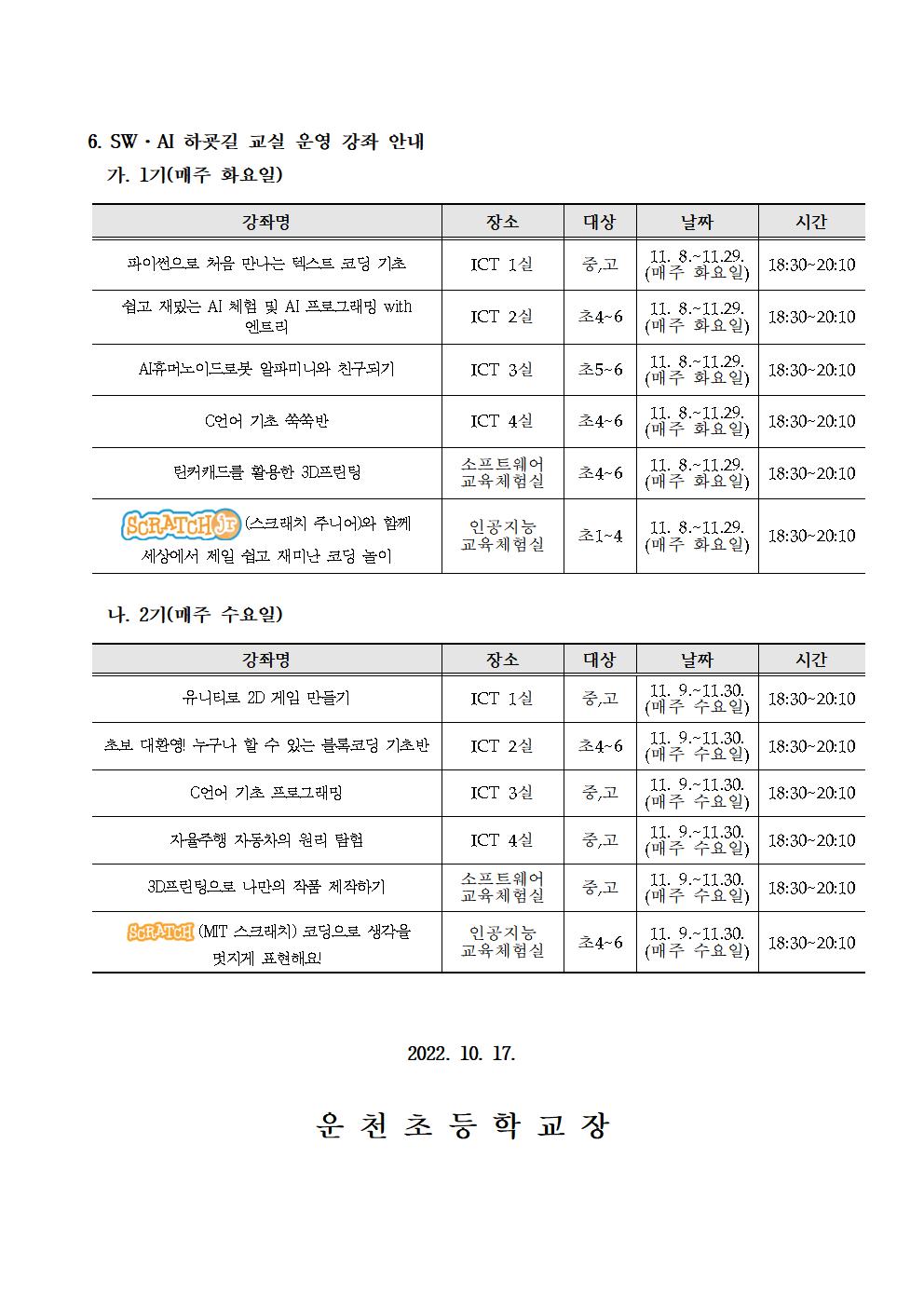 2022. SW·AI 하굣길 교실 운영 안내장_운천초002