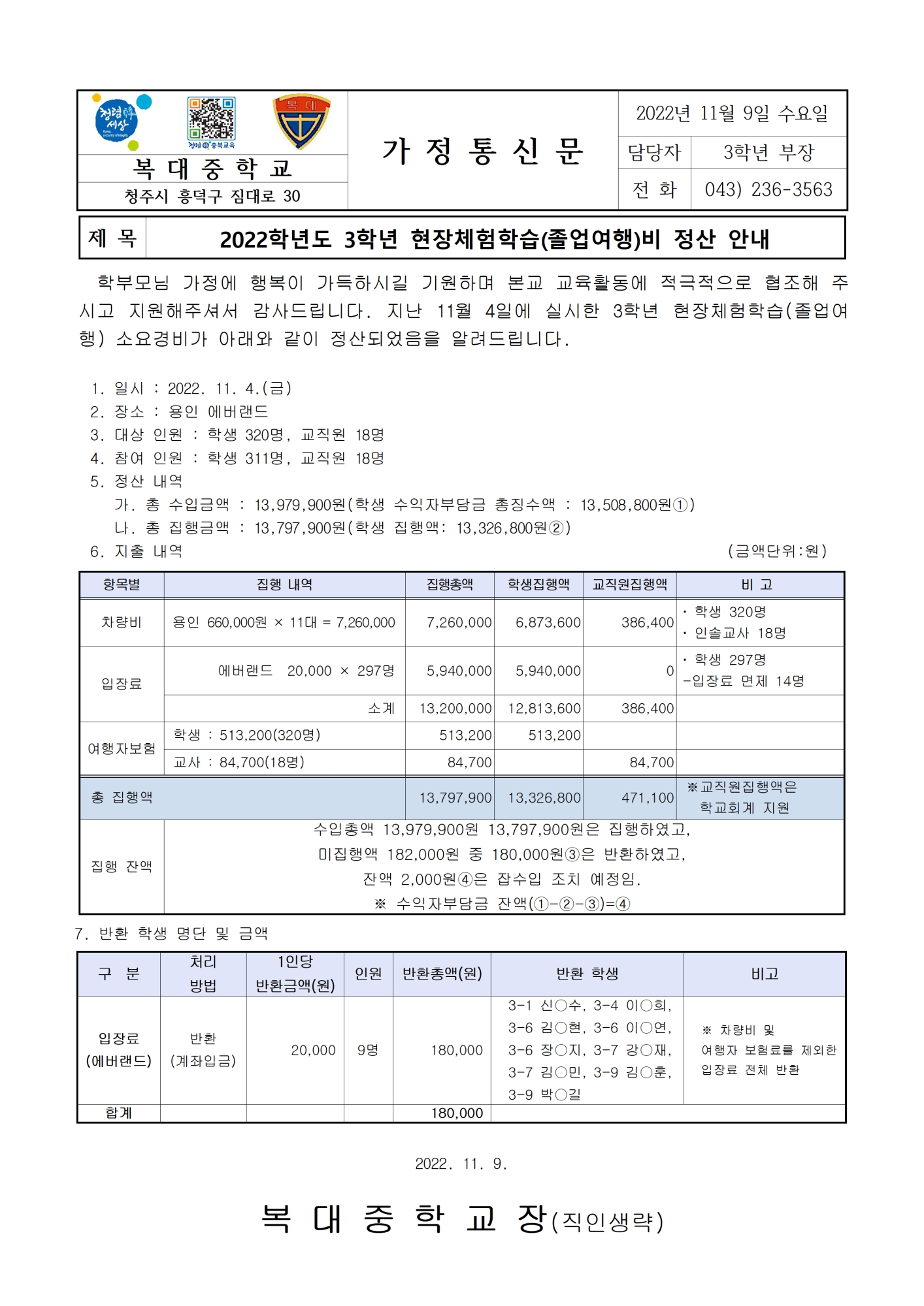 2022학년도 3학년 현장체험학습(졸업여행) 정산 안내 가정통신문001