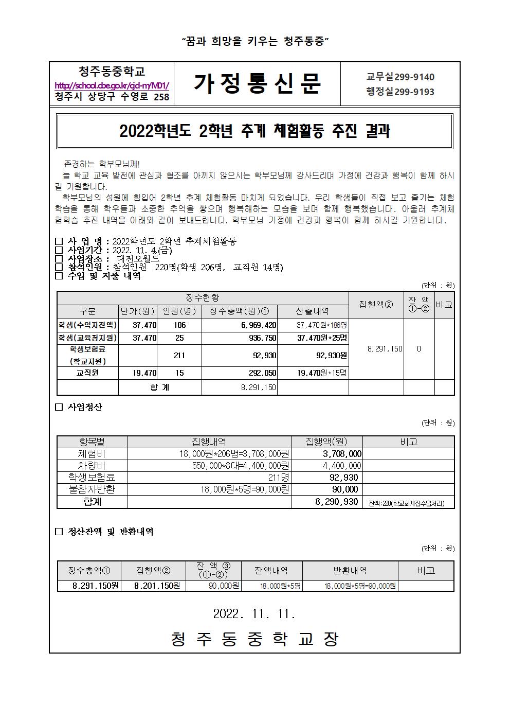 2022학년도 추계체험학습 추진 결과 가정통신문001