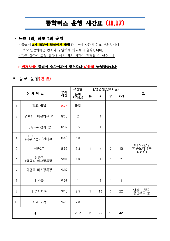 2022. 통학버스 운행시간표(11.17)(대학수학능력시험일)_1