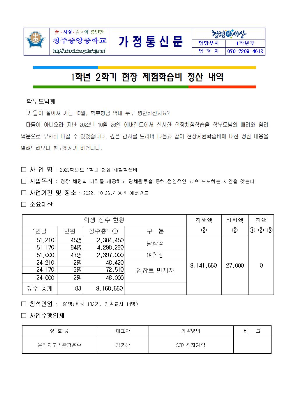 2022. 1학년 2학기 현장 체험학습비 정산 내역 가정통신문001