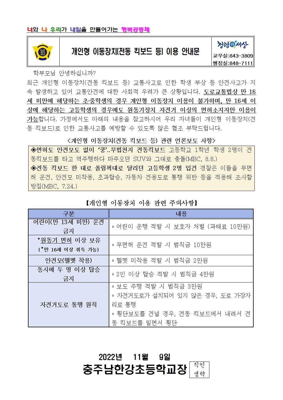 개인형 이동장치(전동 킥보드 등) 이용 안내문001