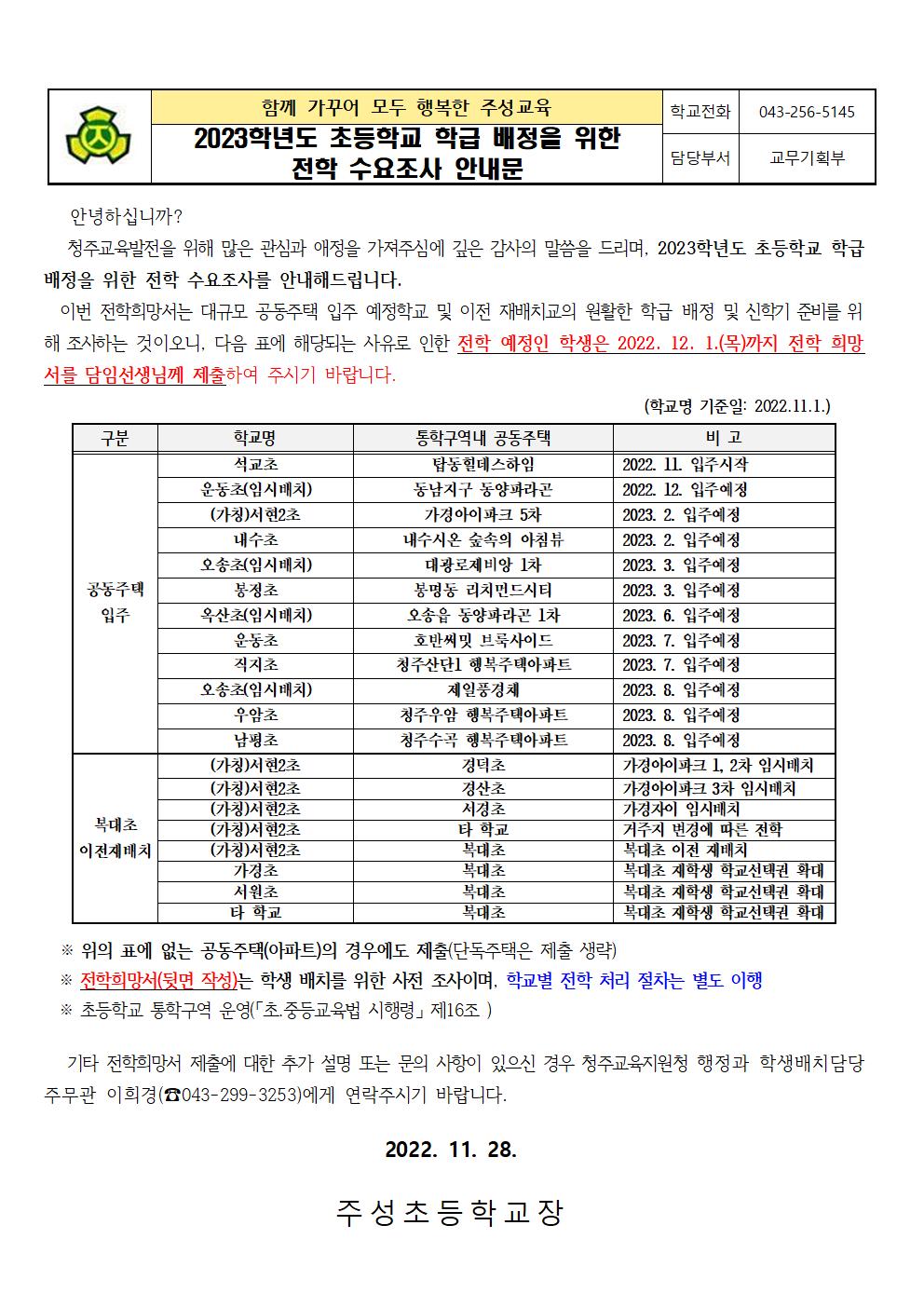 2023.학급배정 전학 수요조사 안내문001