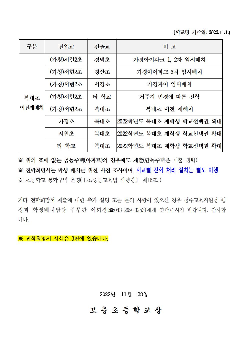 2023학년도 초등학교 학급배정을 위한 전학 수요 조사 안내문002