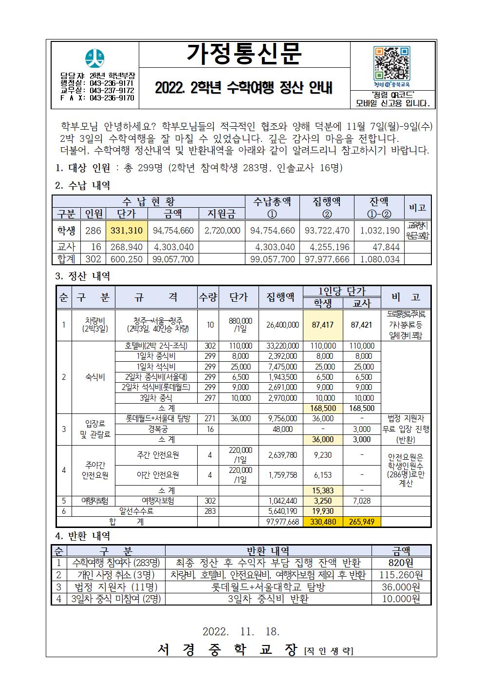 2022. 2학년 수학여행 정산 안내 가정통신문001