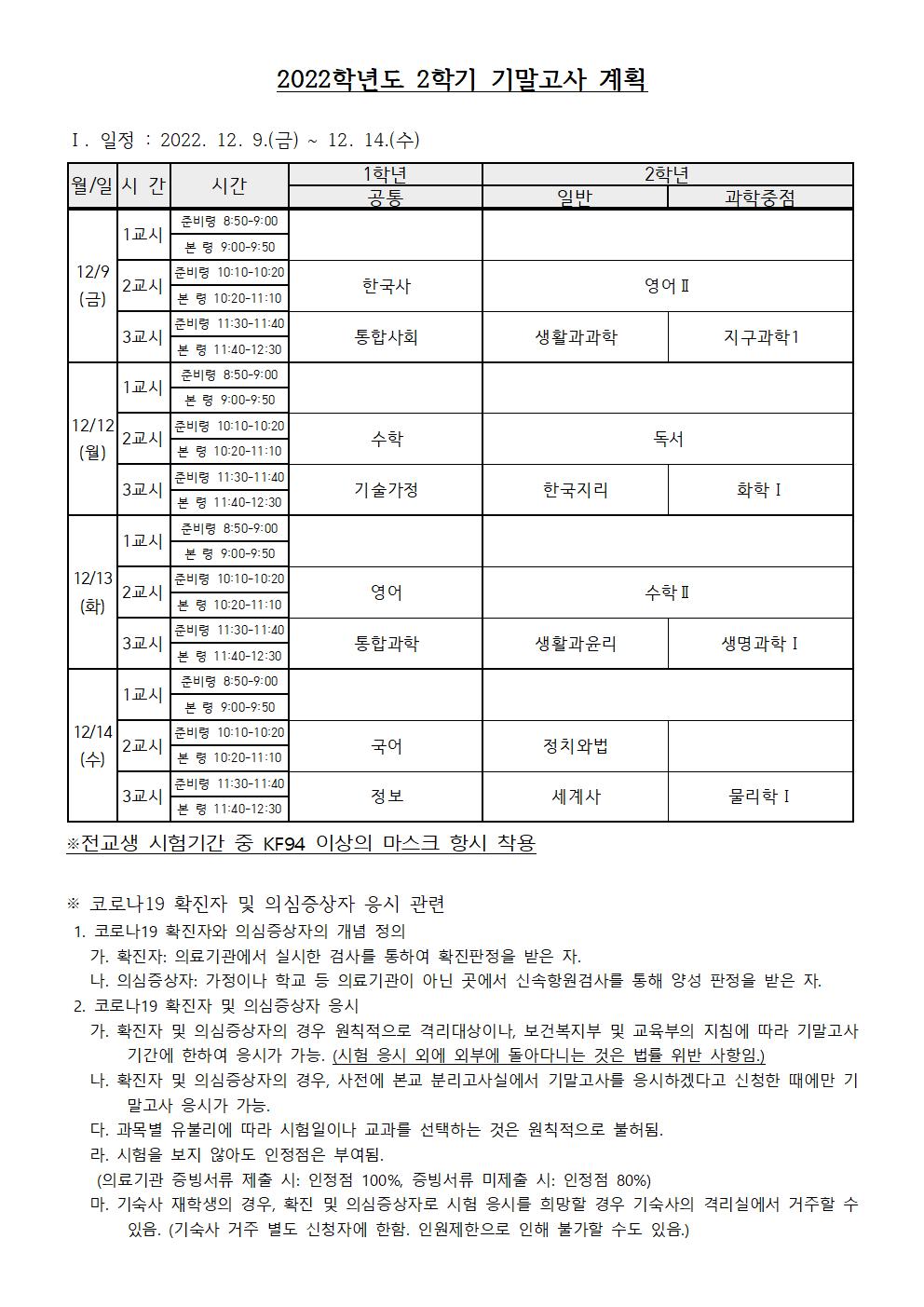 2022. 2학기 기말고사 계획(웹게시용)001