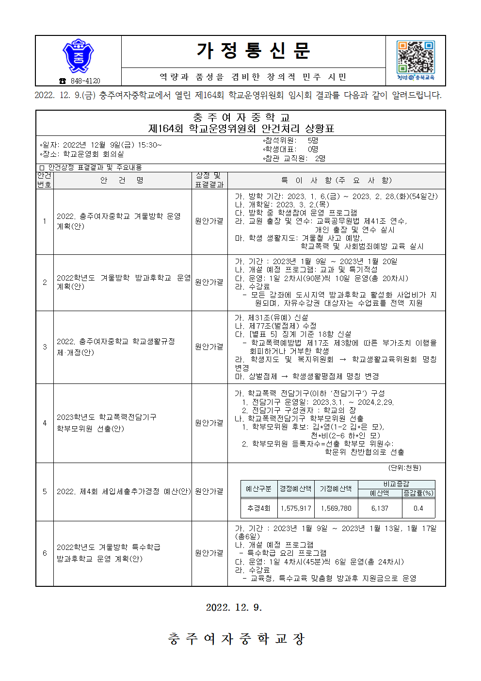 가정통신문-제164회 임시회(안건처리 결과 홍보)