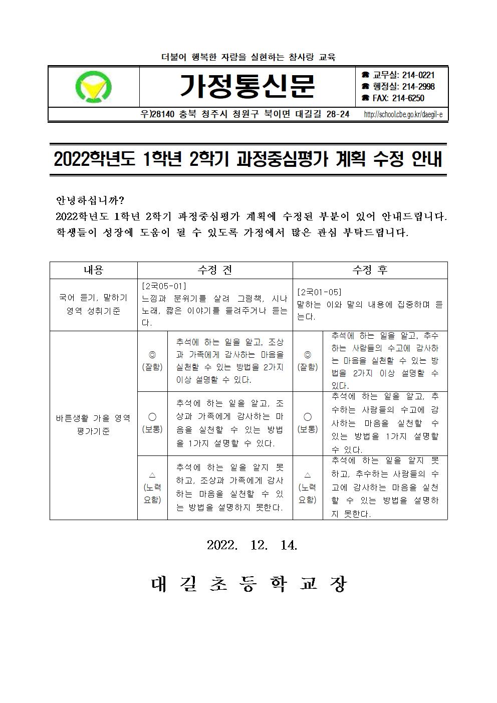 2022학년도 1학년 2학기 과정중심평가 계획 수정 안내 가정통신문001