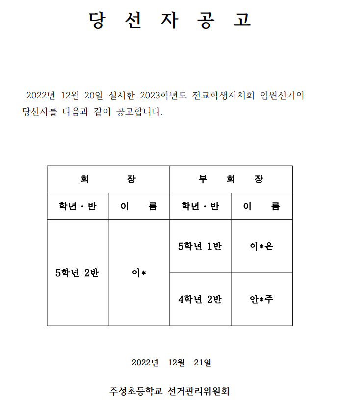 2023학년도 전교학생자치회 임원선거 당선자공고