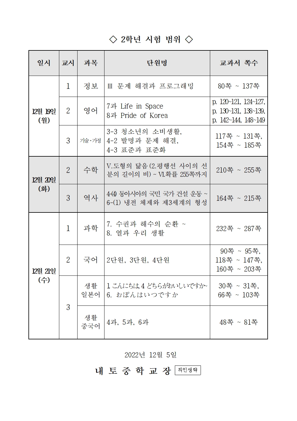 2022. 2학기 2학년 기말고사 평가 계획 안내004