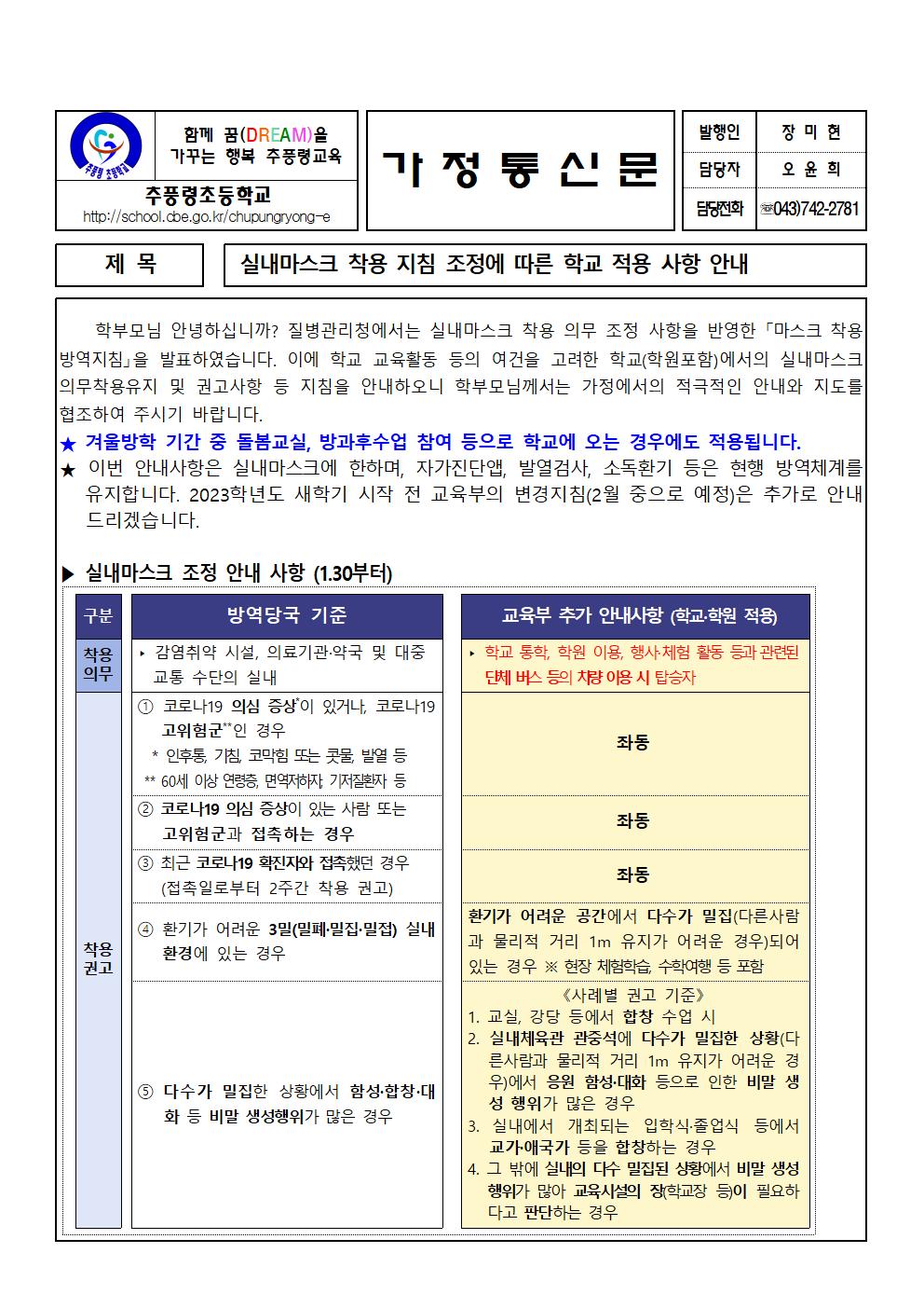 실내마스크 착용 지침 조정에 따른 학교 적용 사항 안내장001