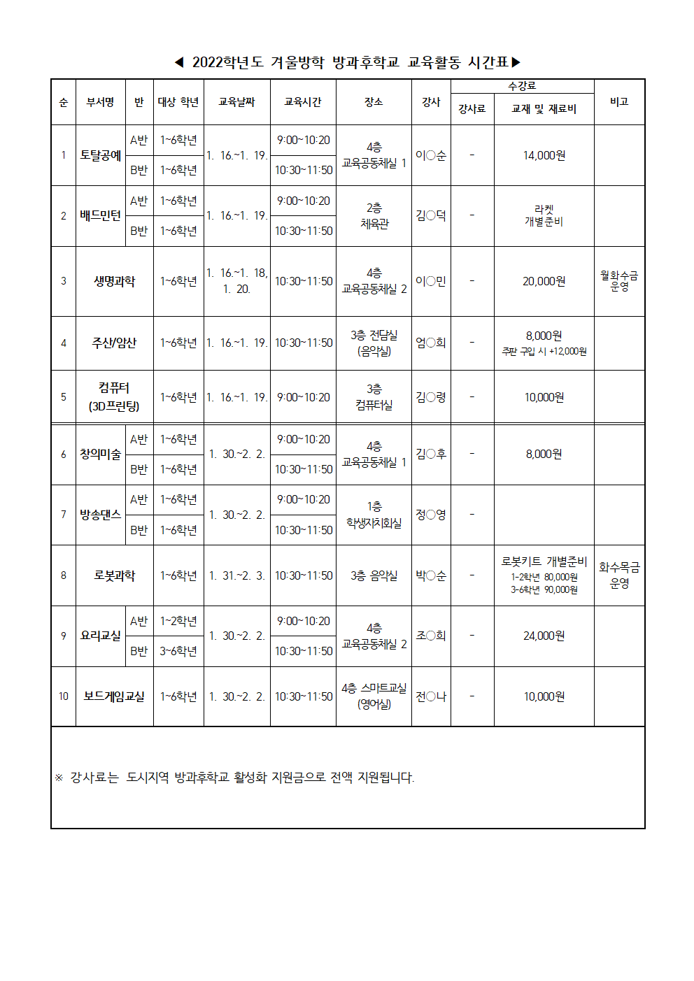 2022. 겨울방학 방과후학교 확정 시간표 및 수강료 납부 안내002