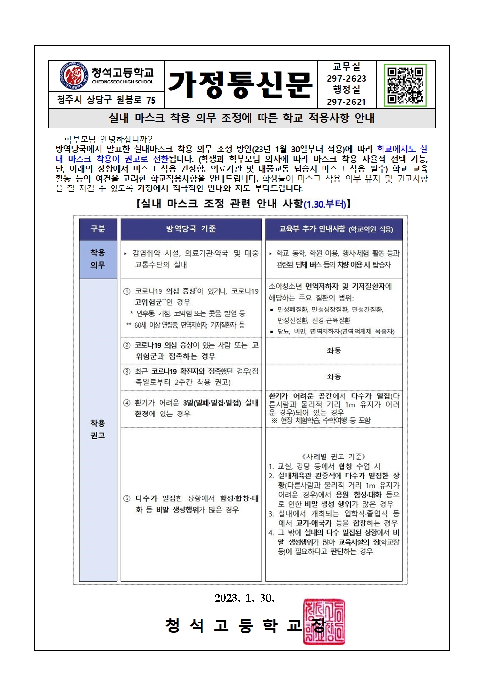 실내 마스크 착용 의무 조정에 따른 학교 적용사항 안내 가정통신문001